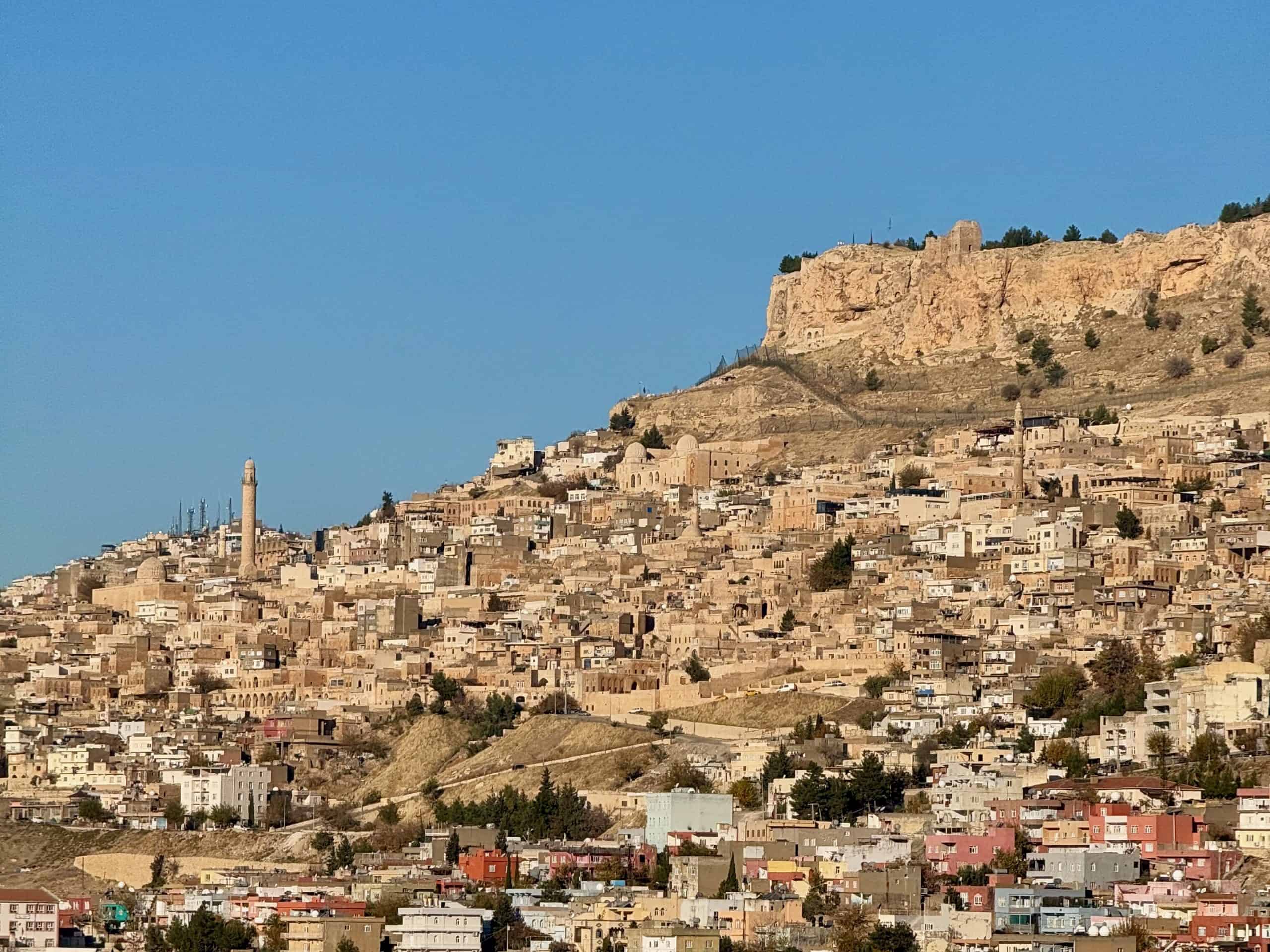 View of Mardin Old Town and Mardin Castle from scenic viewpoint.