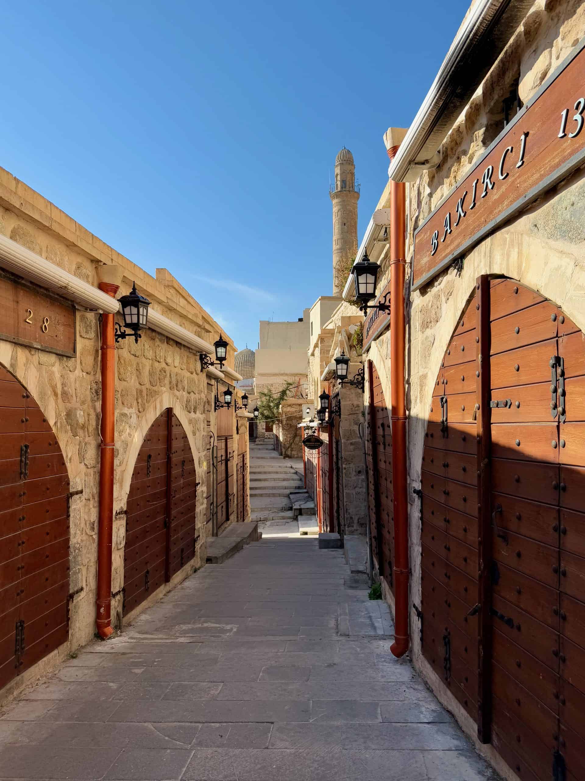 View of the Mardin Grand Mosque minaret from the bazaar in Mardin Old Town.