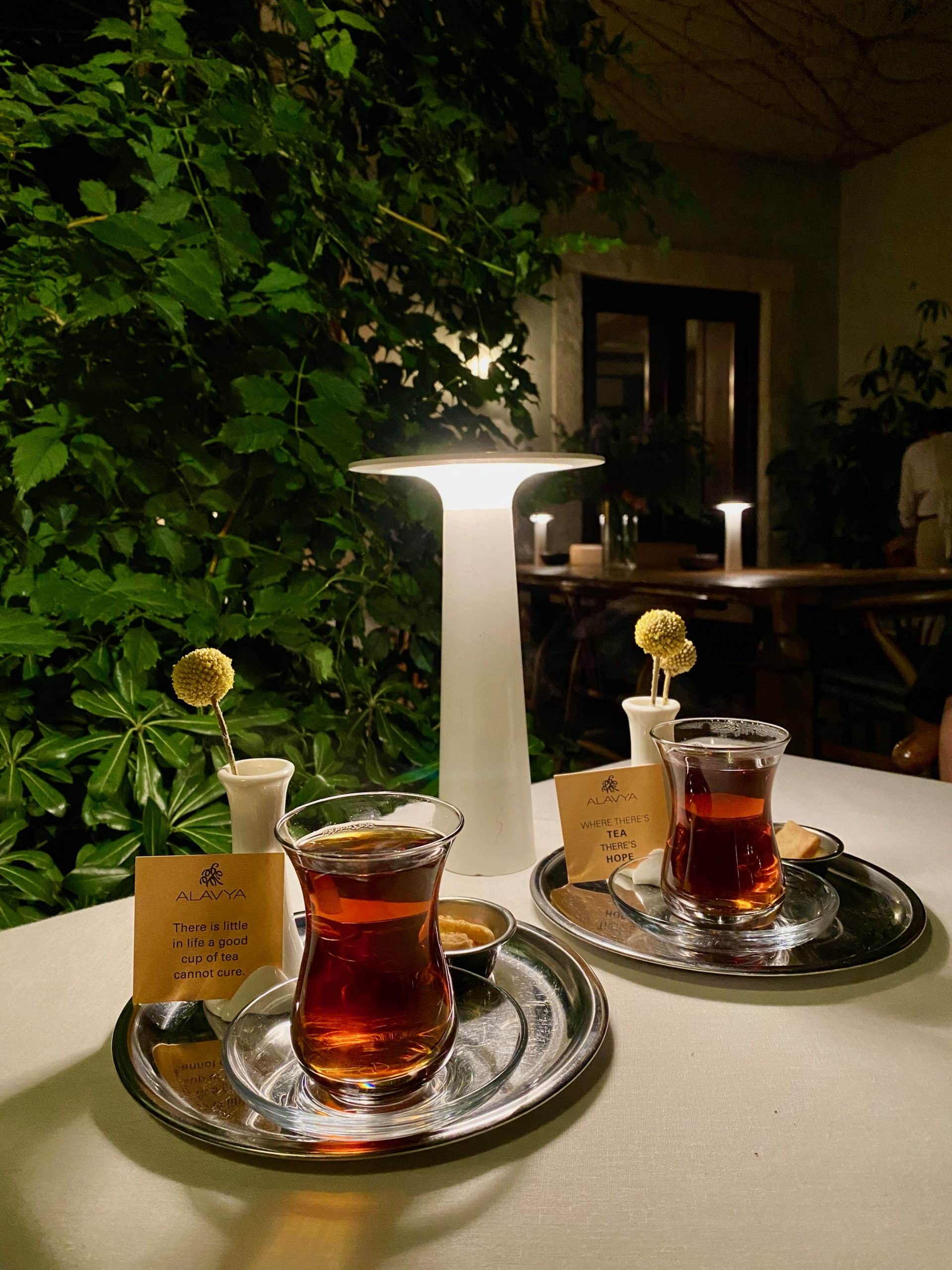 Turkish tea service after dinner in a Turkish restaurant.