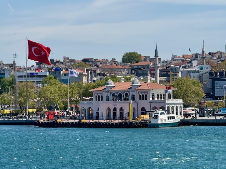 View of the Kadikoy Pier with the Turkish flag waving.