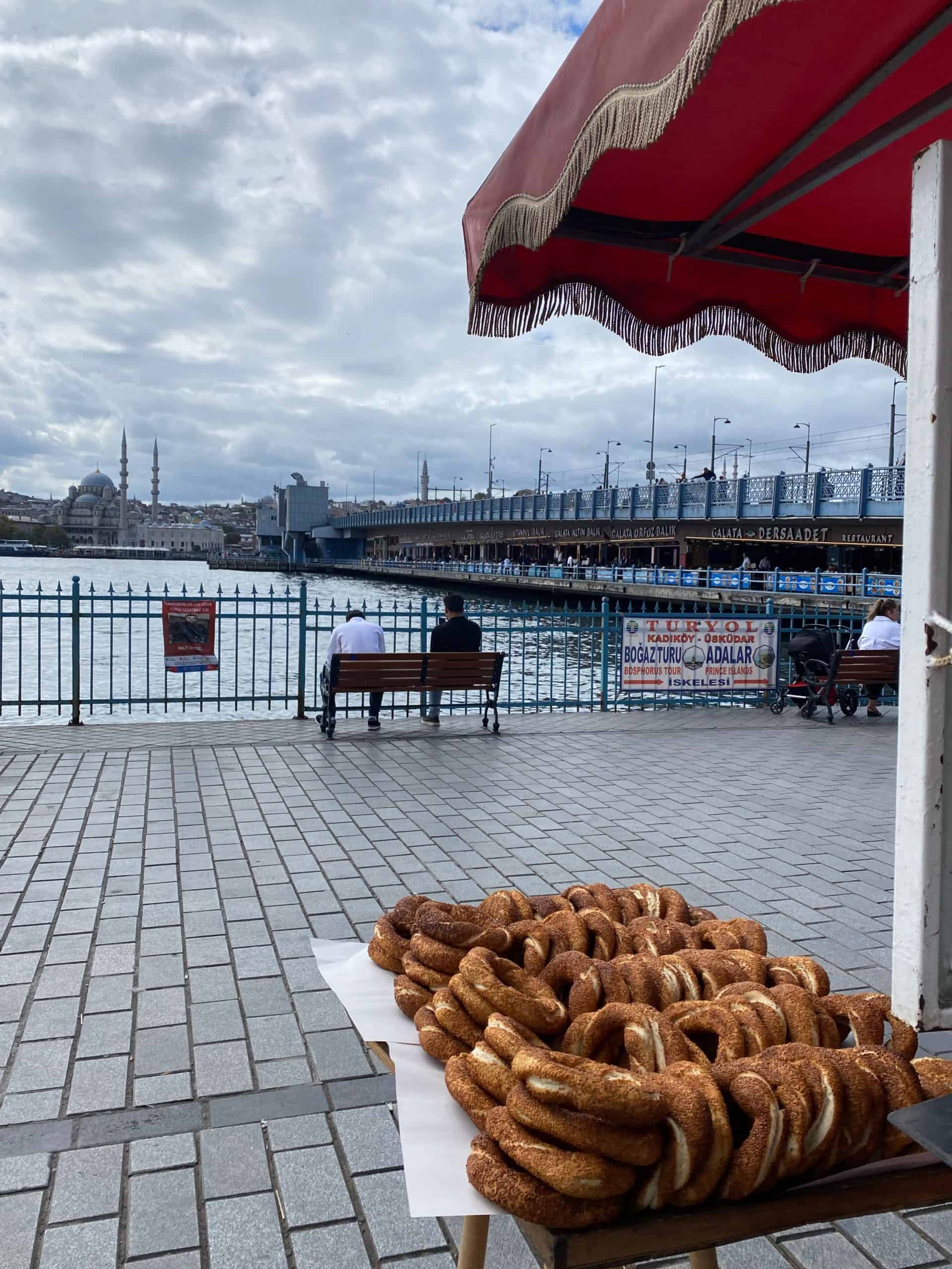 Simits from a traditional Ottoman stand in from the of view of the Golden Horn