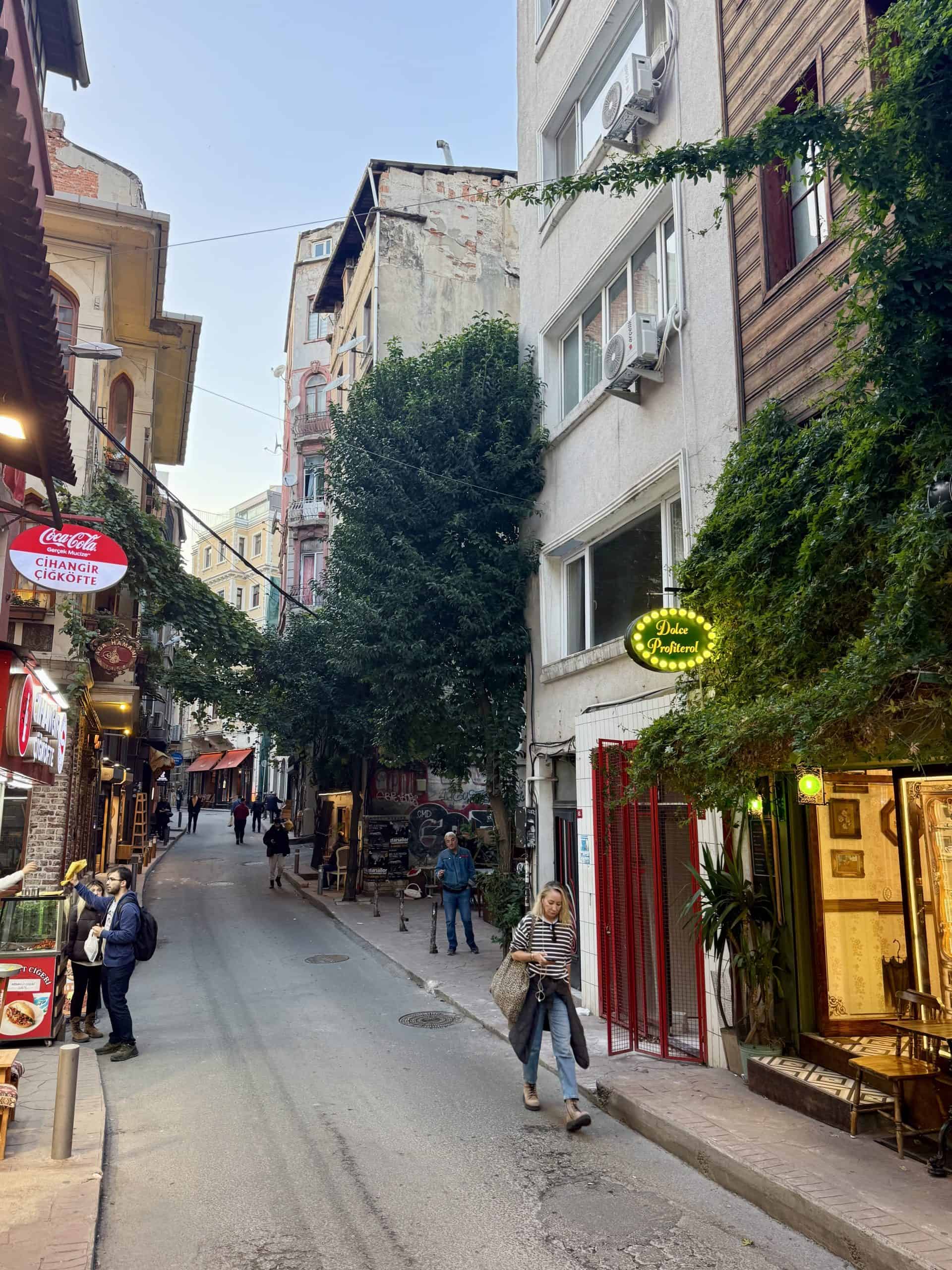 A street in the Çukurcuma with lined Istanbul street food eateries 