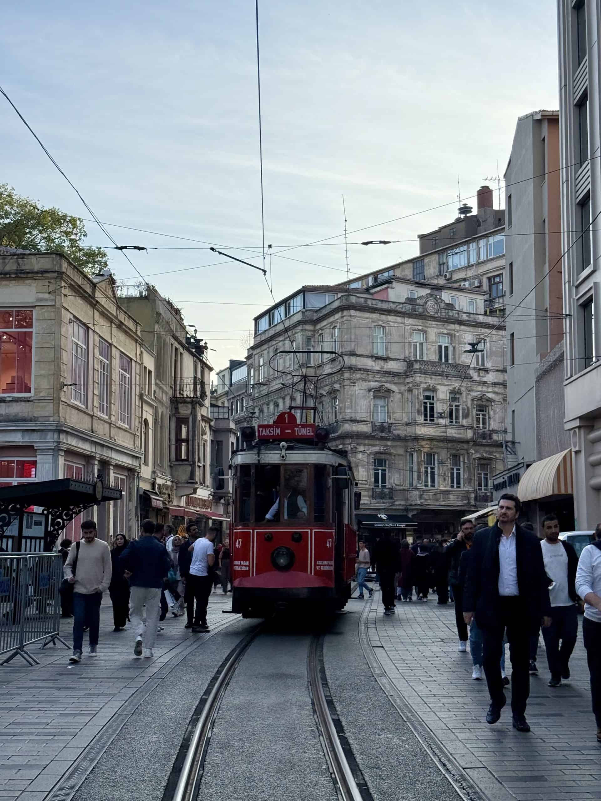 Red tram on Istiklal Street in Istanbul