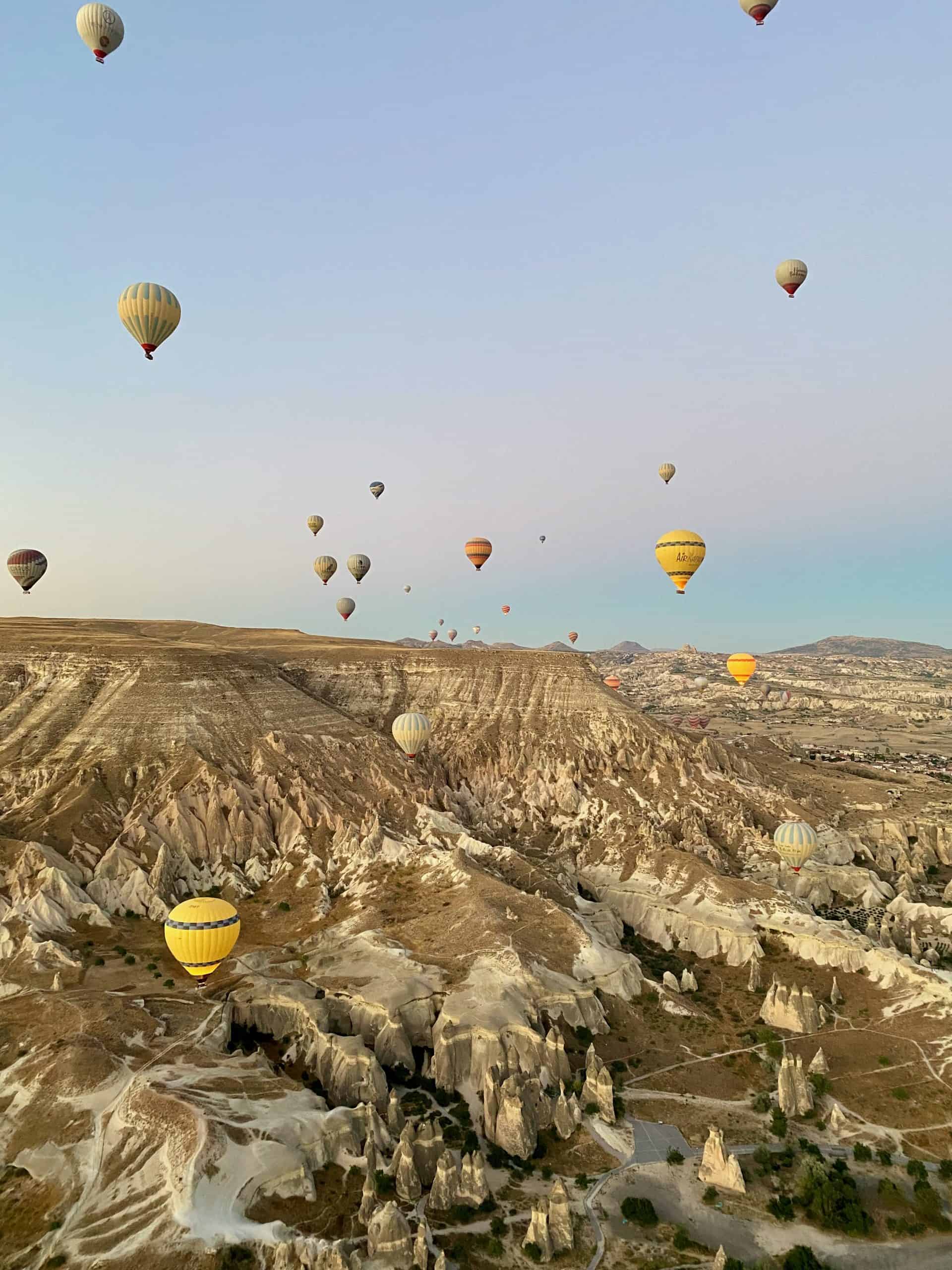 View of the Cappadocian valleys from a hot air balloon
