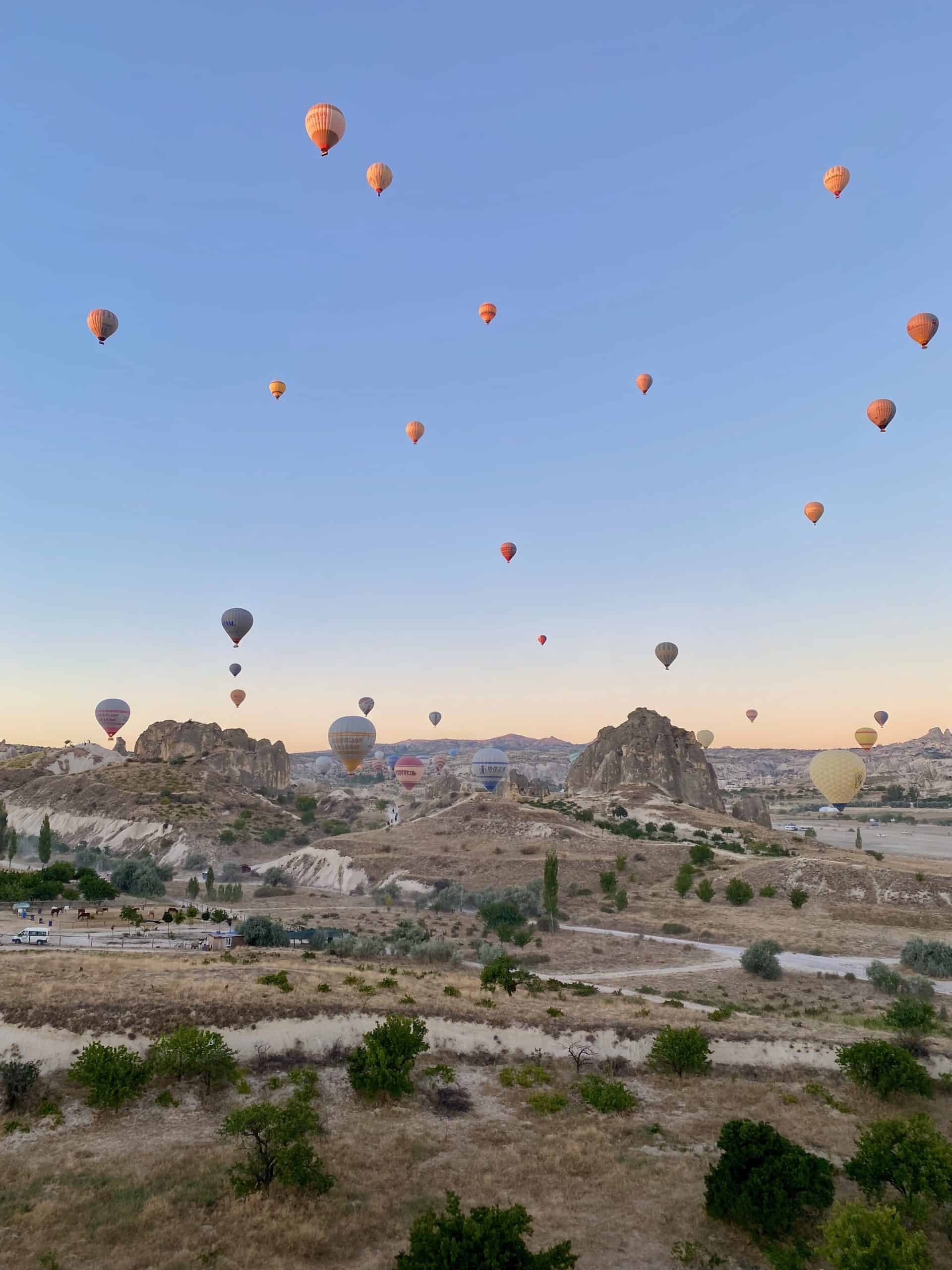 View of the Cappadocian valleys from a hot air balloon